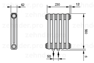 Схема (чертеж) Радиатор Zehnder Charleston 2056/5 №5410 Белый глянцевый RAL 9016